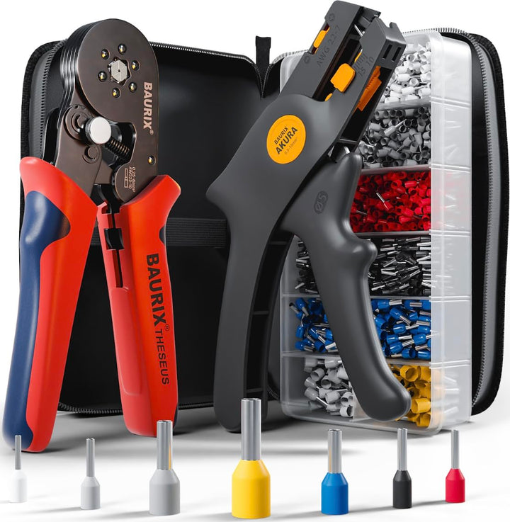 BAURIX® Crimpzange & Abisolierzange mit 2000 Aderendhülsen Set – Sechskant Crimpwerkzeug 0,25–6mm² –