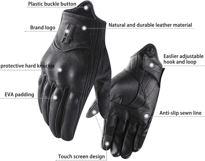 Harssidanzar Herren Vollfinger Ziegenleder Leder Touchscreen Motorradhandschuhe GM028E XS Schwarz(ak