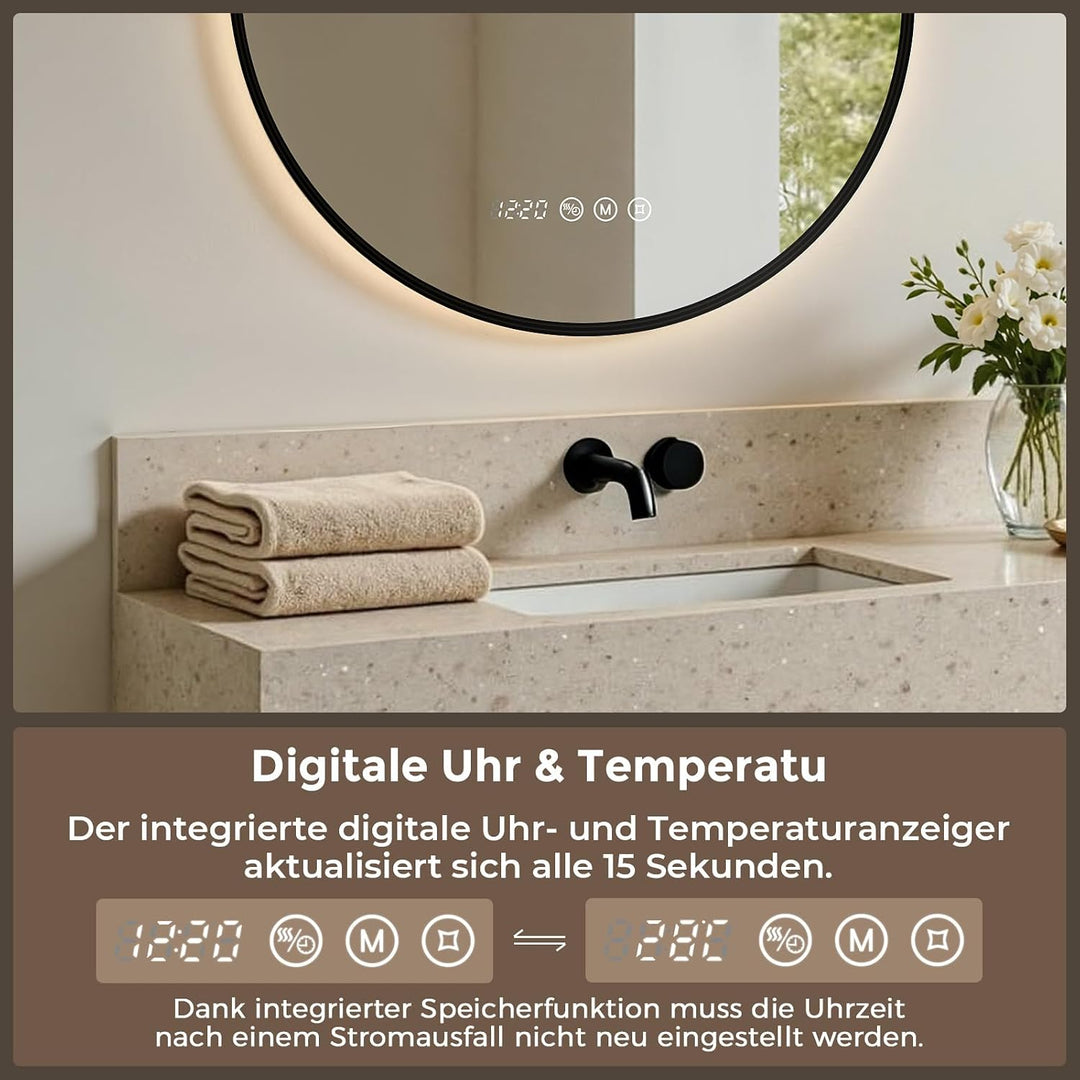 LED Badezimmerspiegel Rund Ø70 cm, Schwarzer Rahmen Schwarze Rahmenserie 70L x 70B cm, Schwarze Rahm