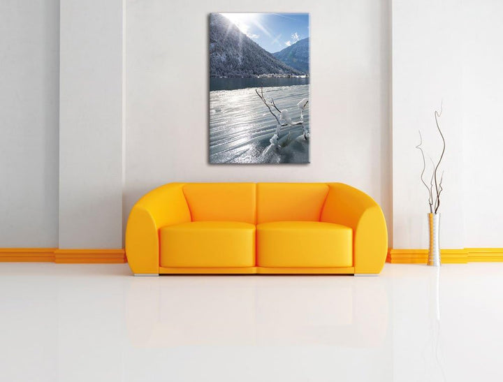 Winterlandschaft See, Format: 100x70 auf Leinwand, XXL riesige Bilder fertig gerahmt mit Keilrahmen,