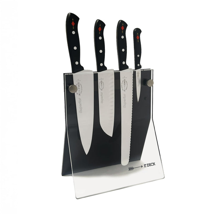F.Dick Superior Messerblock im Acryl - Magnetblock – 4-teilig mit Kochmesser, Santoku, Brotmesser &
