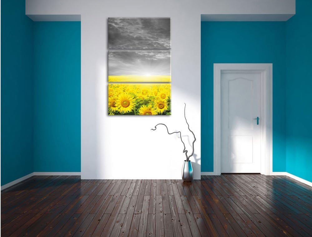Pixxprint Sonnenblumenfeld bei Sonnenuntergang schwarz/weiss 3-Teiler Leinwandbild 120x80 Bild auf L