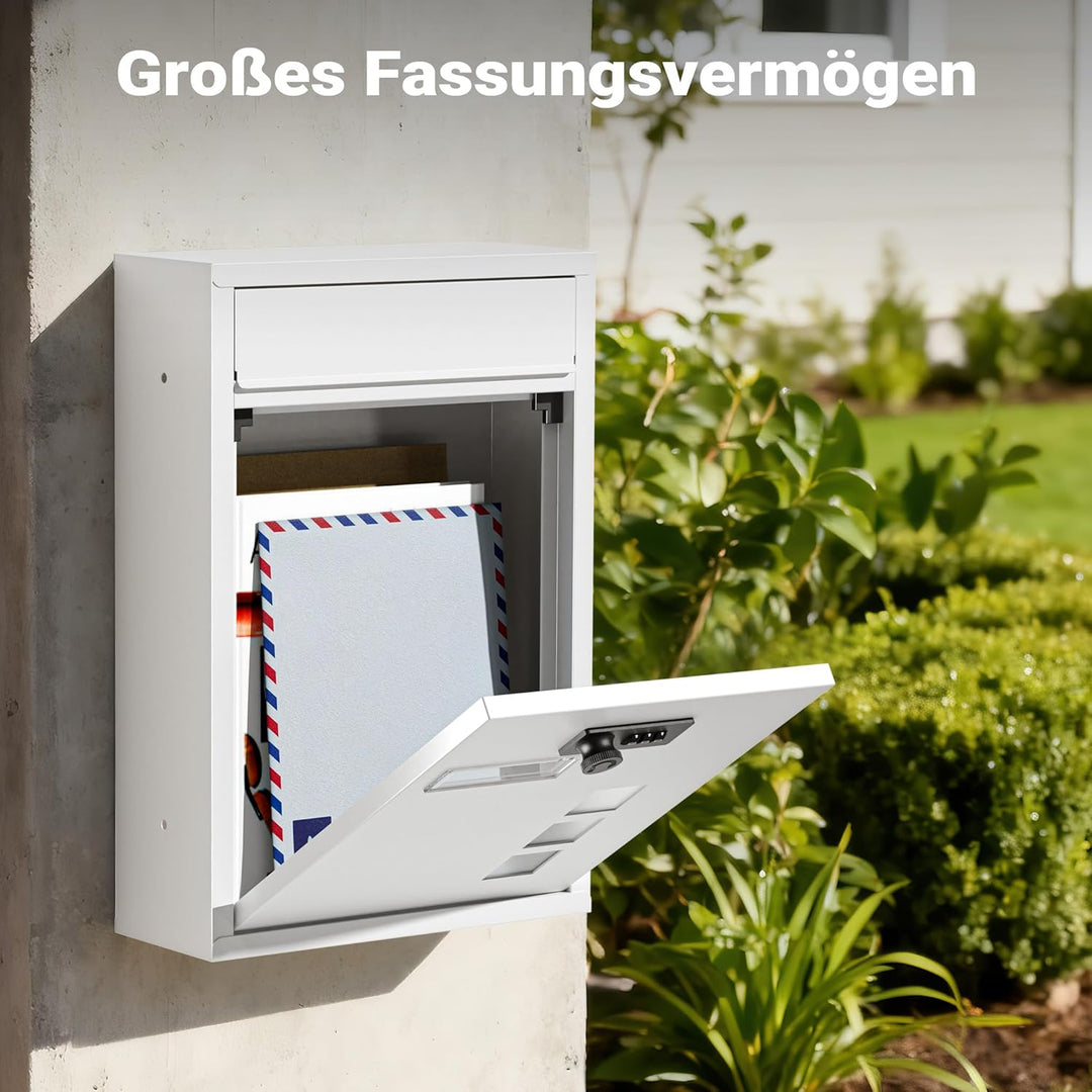 Wiltec Briefkasten weiss 215x320x90mm Briefkasten mit Zahlenschloss, Namensschild und Sichtfenster P