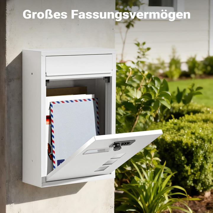 Wiltec Briefkasten weiss 215x320x90mm Briefkasten mit Zahlenschloss, Namensschild und Sichtfenster P