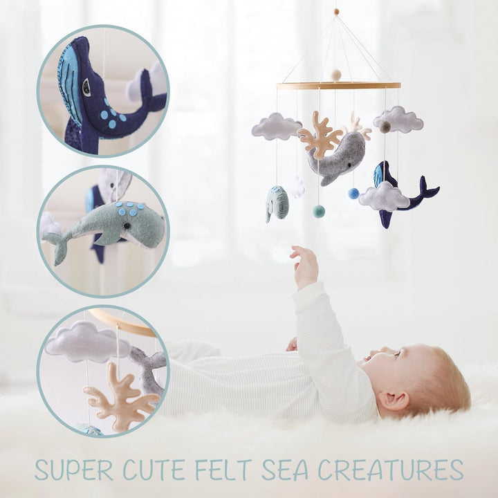 Promise Babe Mobile Baby Meerestiere mit Filzbällen, Babyzimmer Tier Delphine Wale Holz Gehäkelt Mob