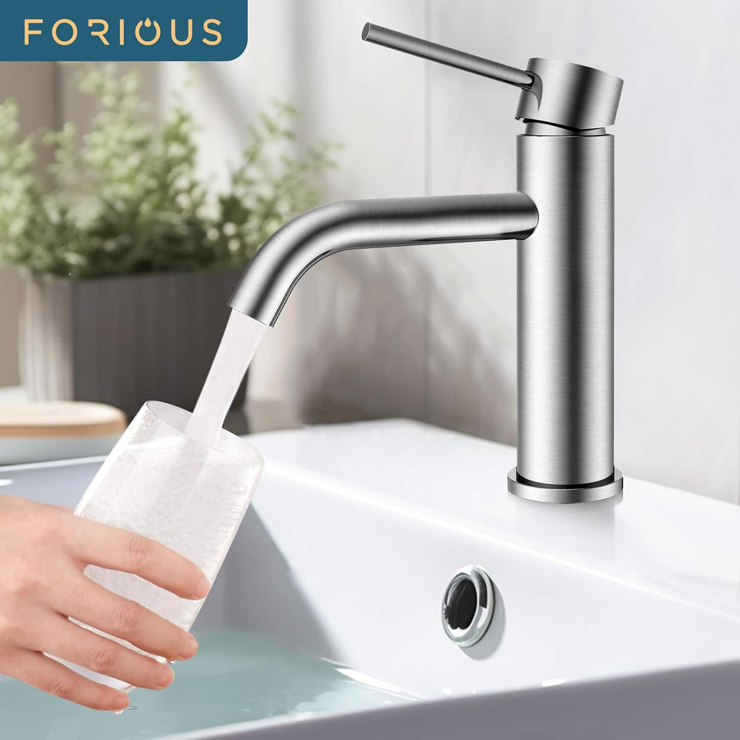 FORIOUS Wasserhahn Bad, Waschtischarmatur Waschbecken Armaturen in Spotresist Gebürstetes Nickel mit