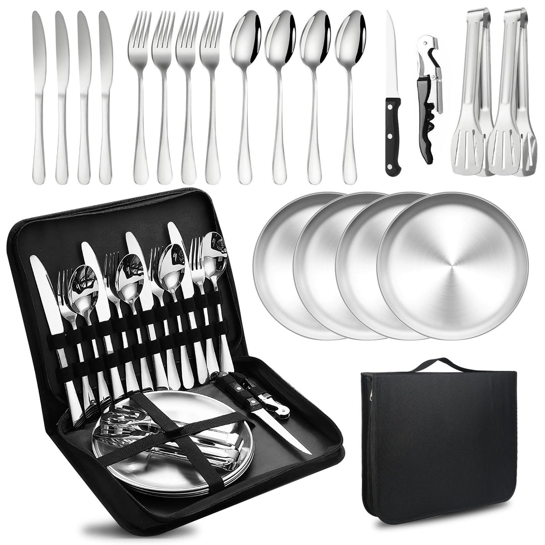 Camping Besteckset 4 Person, 20 PCS Picknick-Teller und Utensilien-Set, Tragbares Geschirr, Edelstah