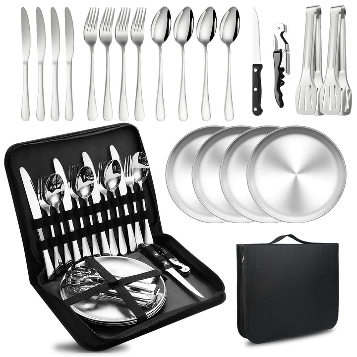 Camping Besteckset 4 Person, 20 PCS Picknick-Teller und Utensilien-Set, Tragbares Geschirr, Edelstah