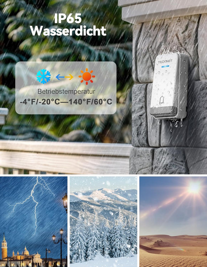 TECKNET Türklingel Batterielose, Steckdosen-Funkklingel mit EU-Steckdose und RGB Licht, IP65 Wasserd