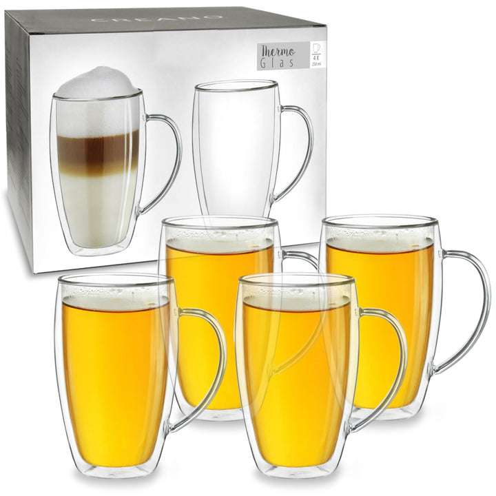 Creano doppelwandiges Thermoglas mit Henkel 250ml, grosses Doppelwandglas aus Borosilikatglas, Kaffe