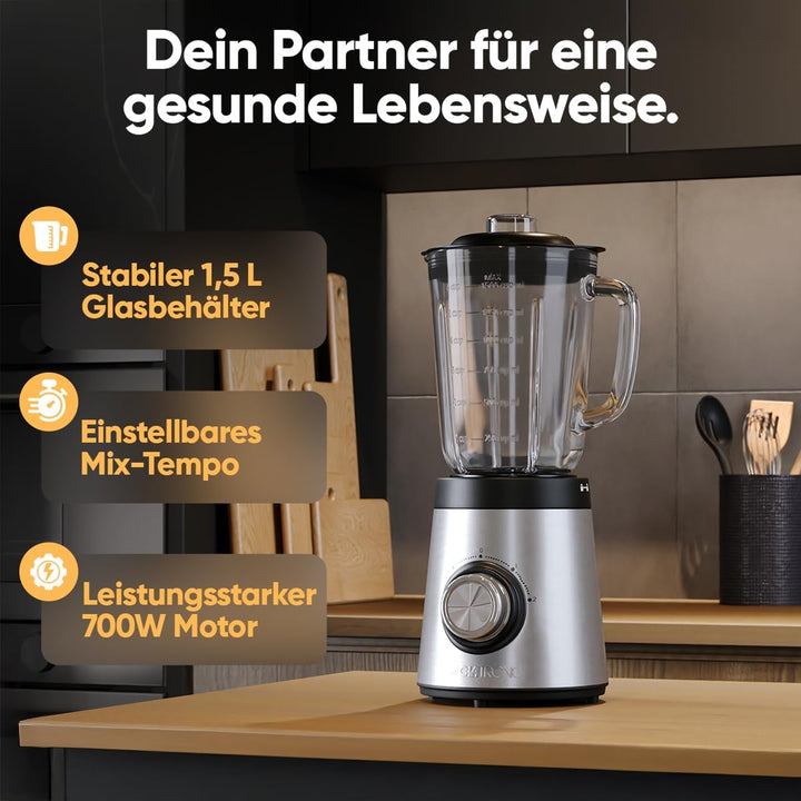 Clatronic® Standmixer 700W | Mixer | BPA frei | massives Glas | 4-fach Edelstahl-Messer | 1,5L Smoot