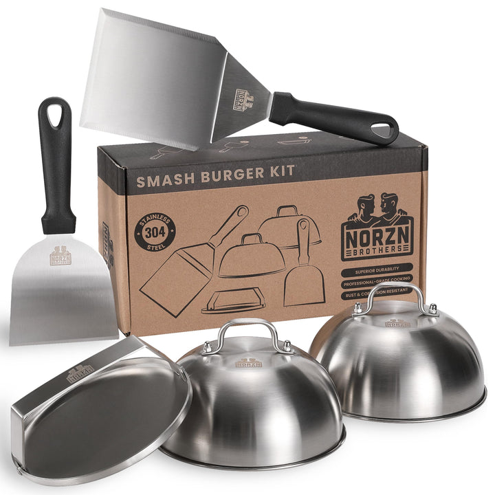 Smash Burger Set – Burger Smasher Set inkl. Hamburgerpresse, Burgerglocke Edelstahl 304, Grillspacht