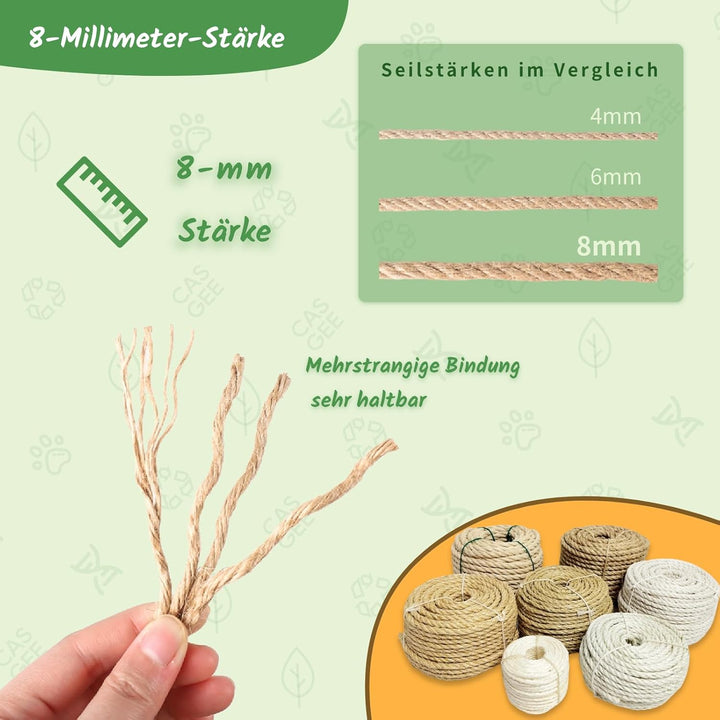 Sisalseil für Kratzbaum - 8mm x 100m, Natur Sisal Seil für Katzen, Dekoratives Kratzbaum Seil für Hä