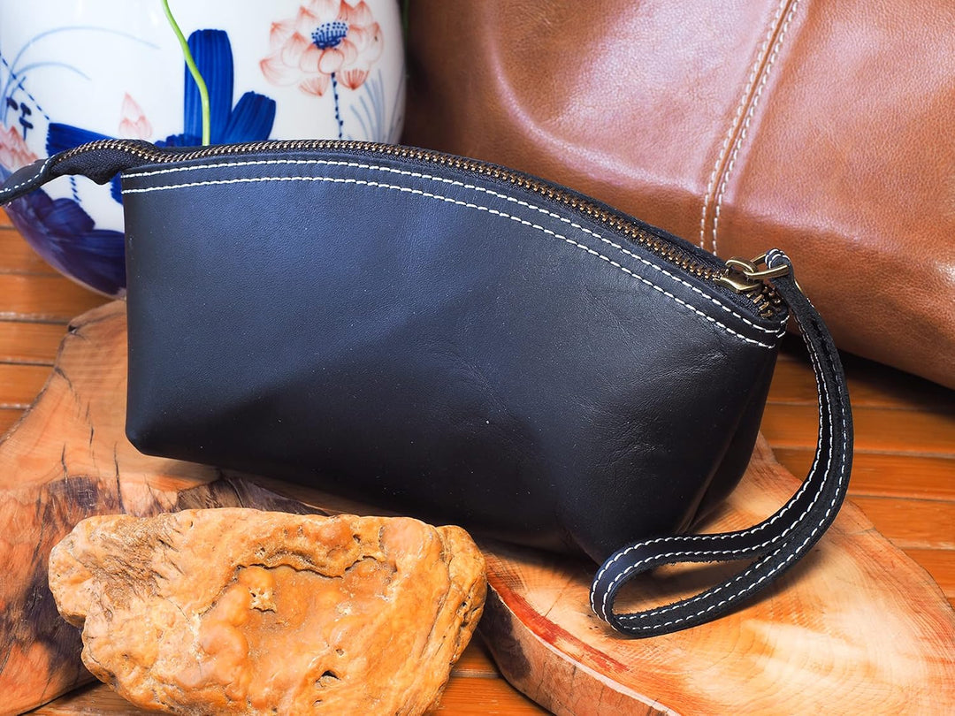 Premium Lederetui Clutch Kosmetiktasche Schminktasche aus hochwertige Echtleder, Schickes Federmäppc
