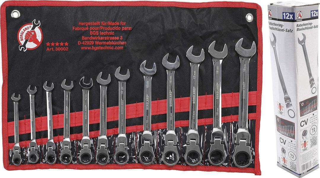 BGS Do it yourself 30002, Ratschenring-Maulschlüssel Satz, Flexible Köpfe, SW 8 - 19 mm, 12-tlg flex