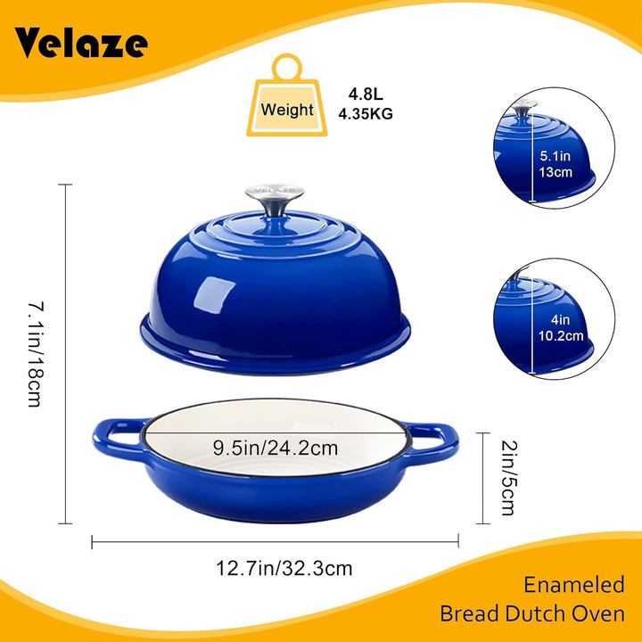 Velaze Emaille Schmortopf mit Deckel und Griffen, 4,8L Gusseisen Topf Brot Backen, 26 cm Brotbacktop