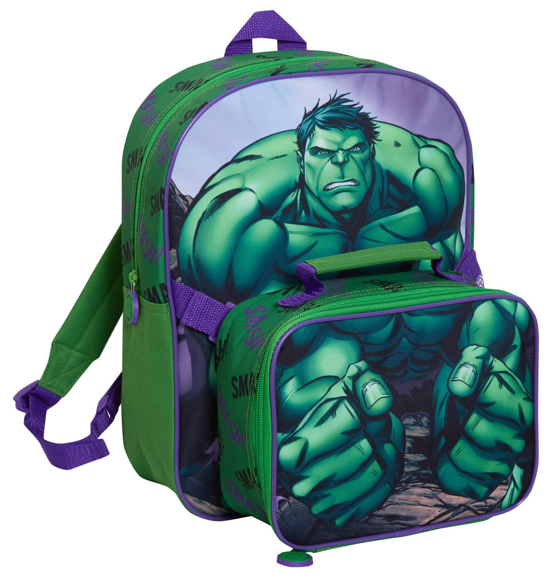 The Hulk Rucksack mit Lunchtasche für Kinder, Marvel Schultasche, 2-teilig, passendes isoliertes Lun