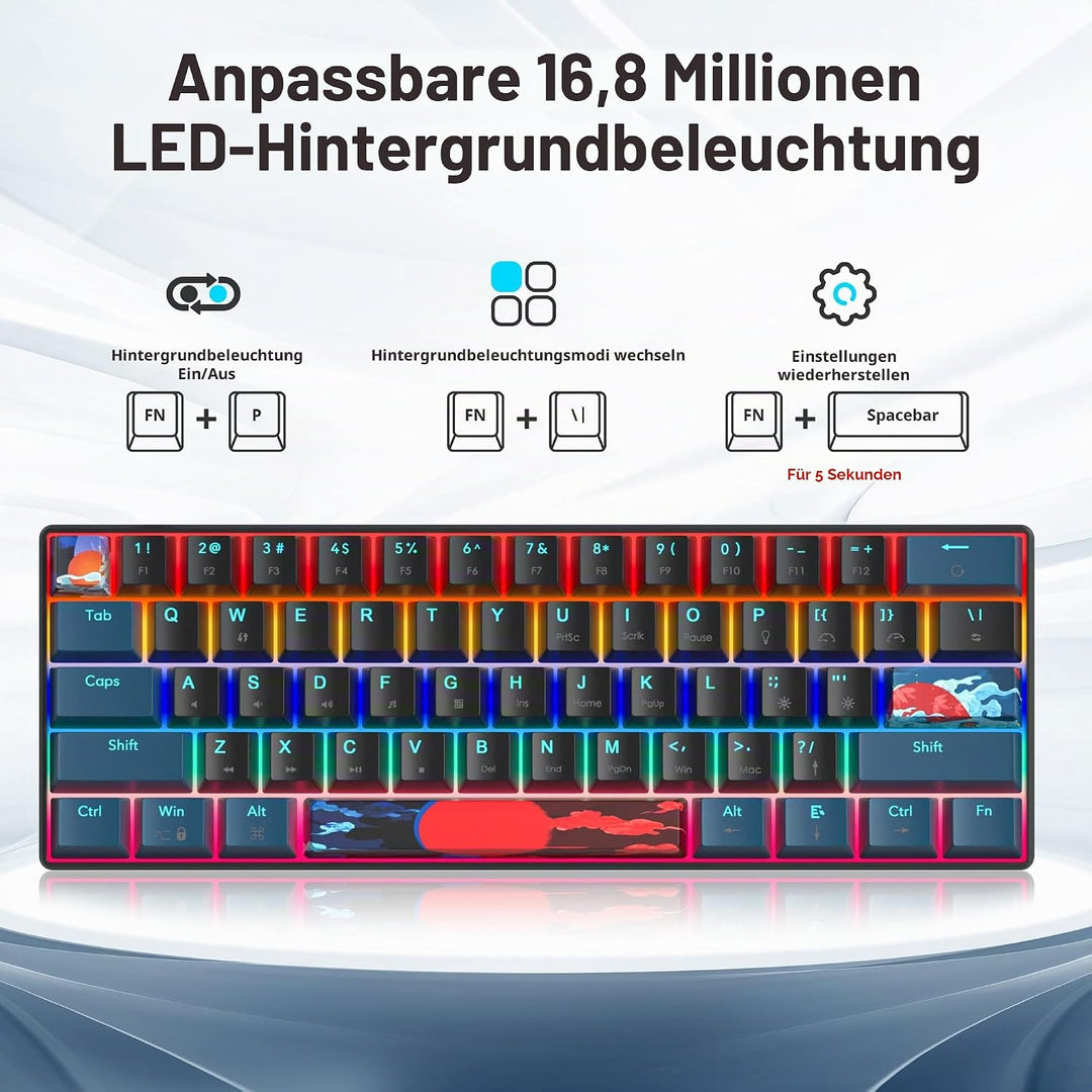 SbocKeeb Gaming Tastatur Mechanische, Mini Tastatur 60 Prozent Amerïka QWERTY, 61 Tasten Kabelgebund