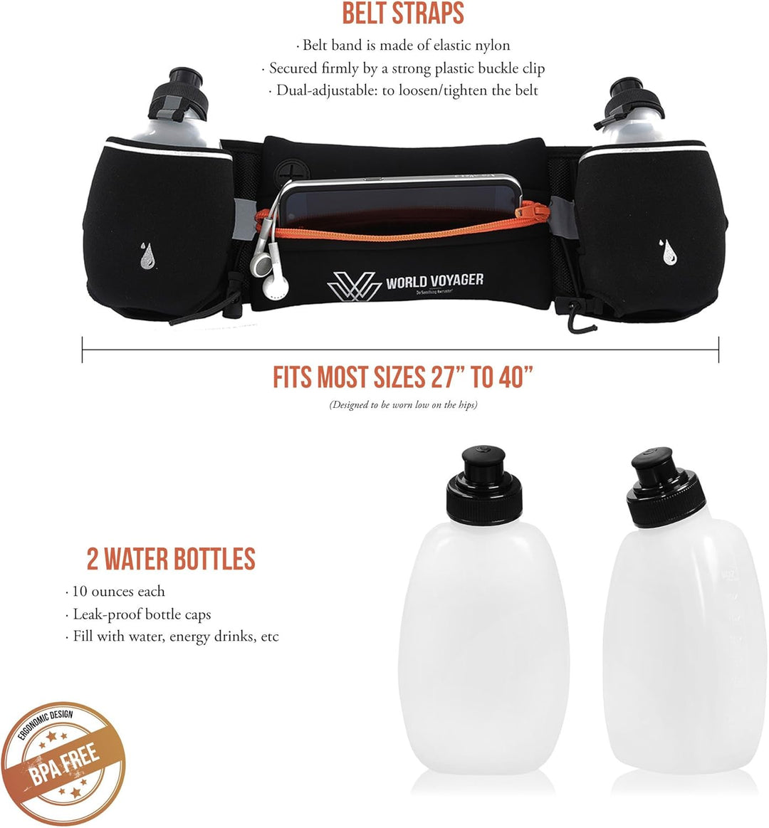 World Voyager Premium Qualität No Bounce Läufer Hydration Gürtel mit Reflektoren, Smartphone Pocket