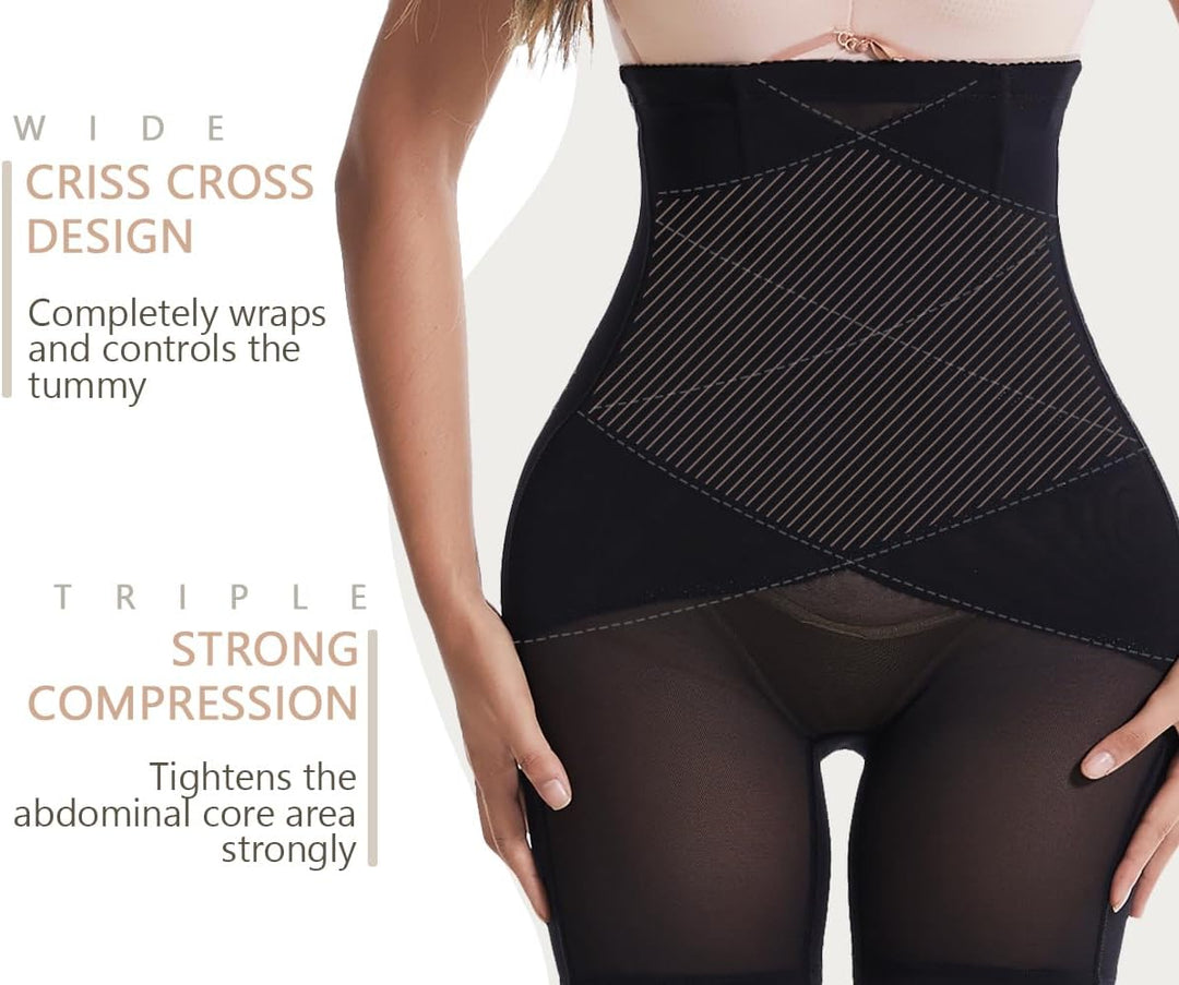 Damen Bauchweg Miederpants Shapewear Hohe Taille Unterhose mit Bein Figurformende Miederhose Stark F