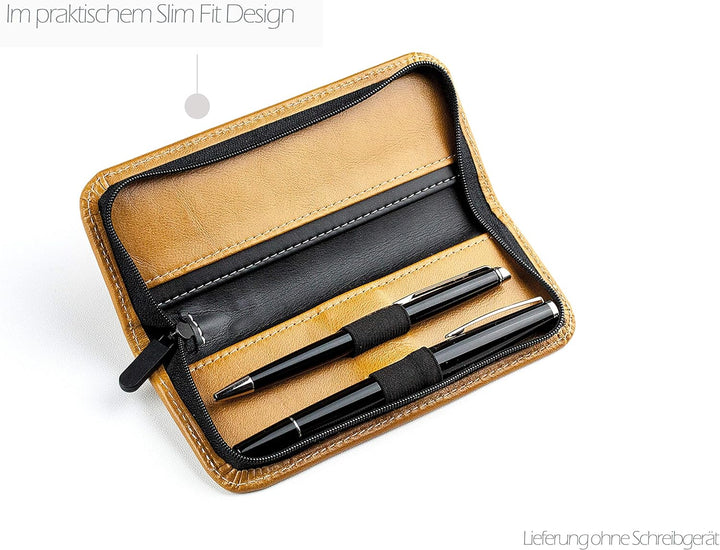 DELMON VARONE - Personalisierbares Schreibgeräteetui aus Vintage Anilin Leder braun, Echtleder Stift