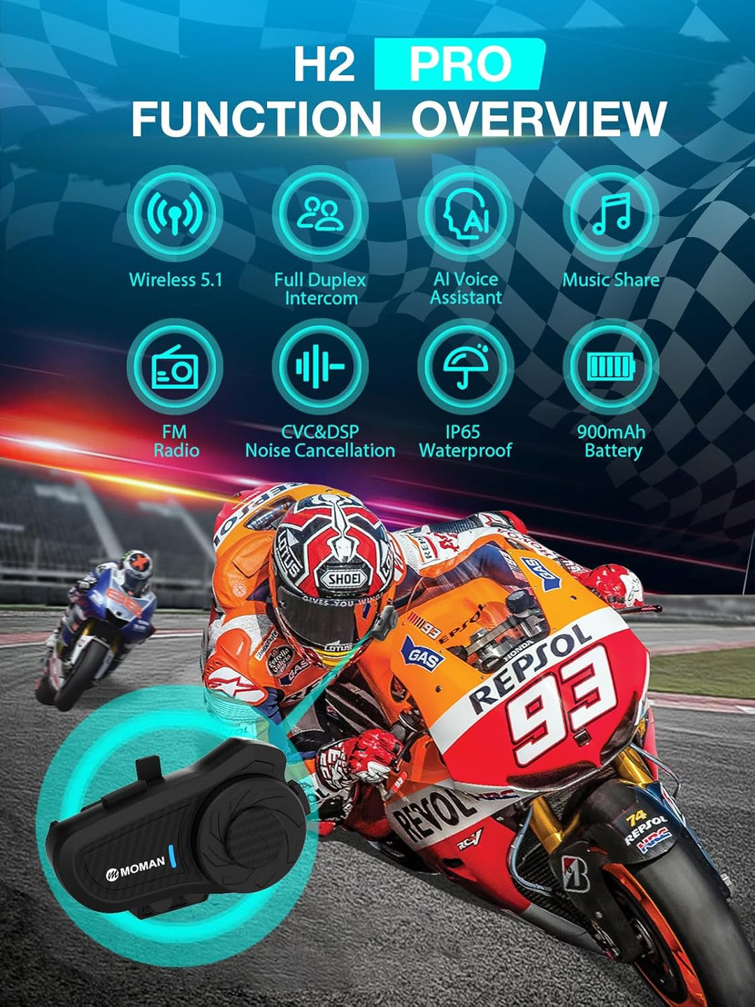 Moman Motorrad Intercom Headset, H2 Pro【1 Pack Carbonfaser】 Motorradhelm Gegensprechanlage Wireless