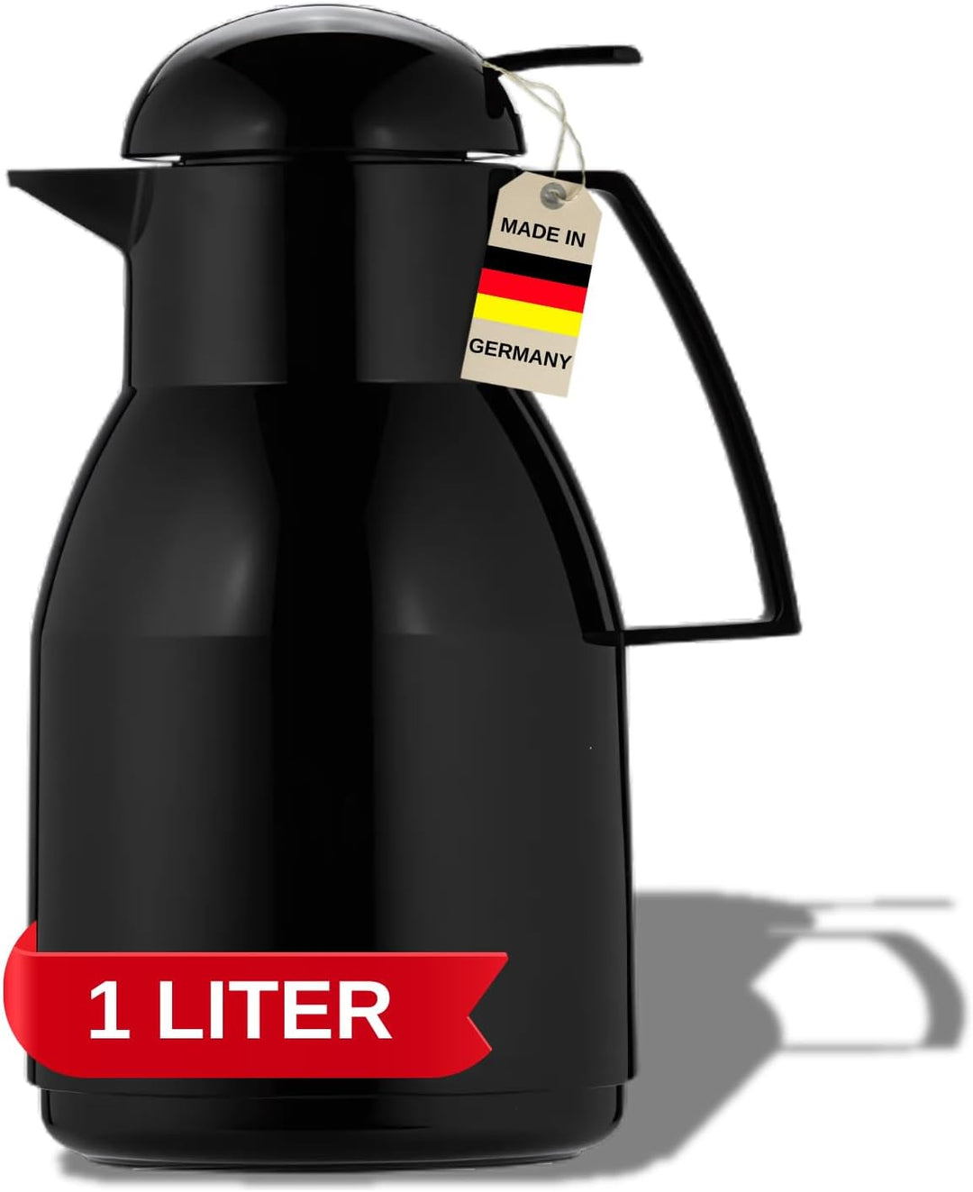 Helios Top Push Thermoskanne Schwarz 1L – 6h Heiss - Hält Getränke heiss & kalt – Einhandbedienung –