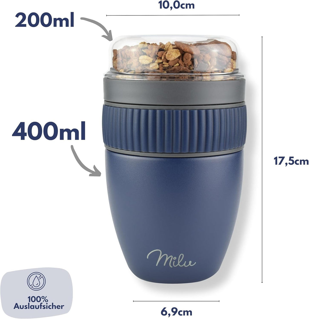 Milu Müslibecher to go 400ml I isolierter Edelstahl Joghurtbecher für Müsli I auslaufsicherer Becher