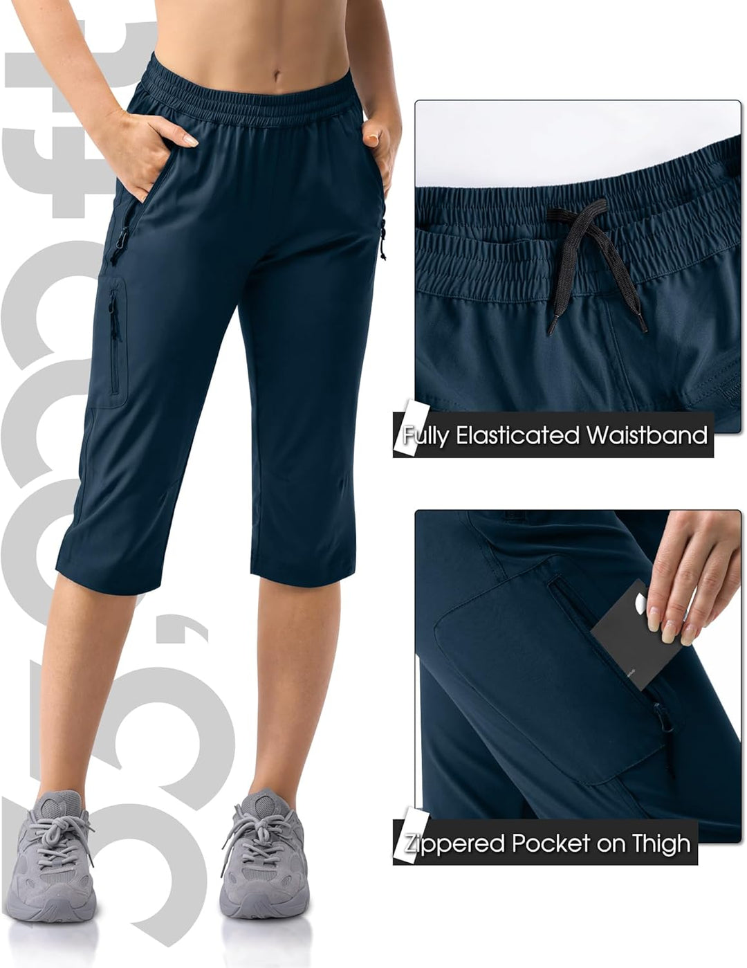 33,000ft Damen 3/4 Hose Capri Wanderhose Stretch Leichte Radhose Taschen Sommer Outdoor Golf Hose 40