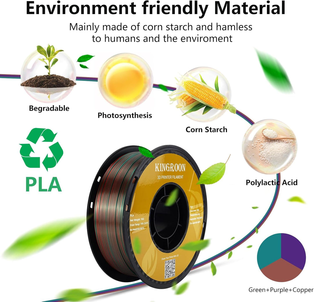 Kingroon PLA 3D-Drucker-Filament, dreifarbiges Seiden-PLA-Filament, Massgenauigkeit +/- 0,03 mm, 1-k