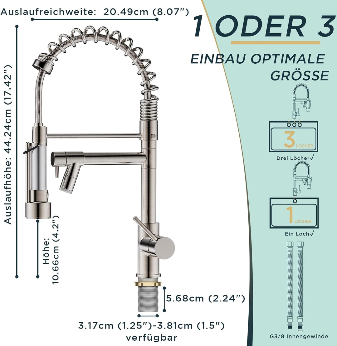 FORIOUS Wasserhahn Küche, Edelstahl-Küchenarmatur mit LED, Spülarmaturen Küche, Zweigriff-Mischbatte