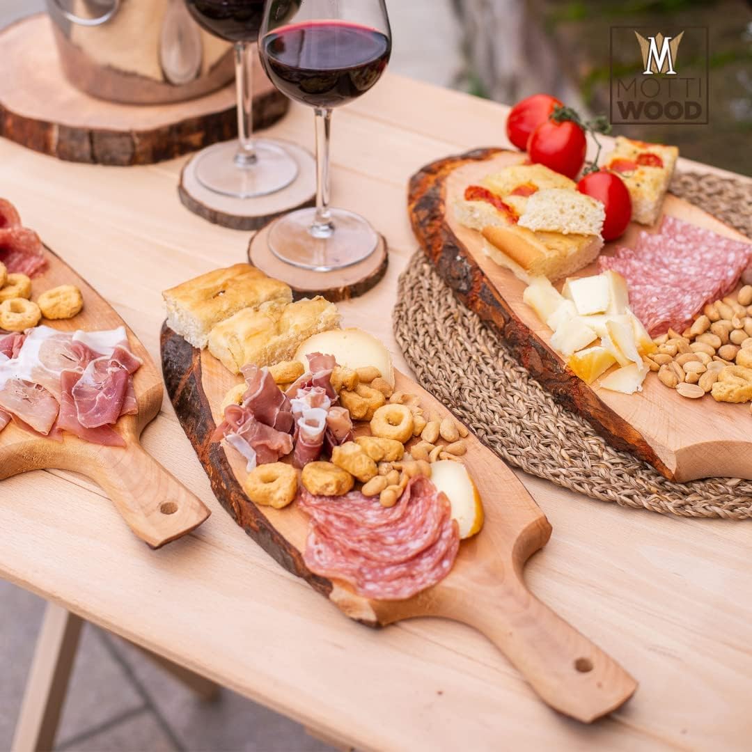 Schneidebrett mit Rinde mit Griff, Aperitiftablett aus echtem Holz, Masse 50 x 20 x 3 cm (2 Stück)