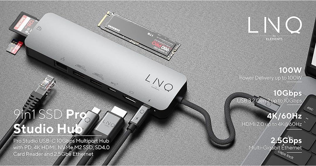 LINQ Connects 9in1 Pro Studio USB-C 10Gbit / s Multiport Hub mit Stromversorgung, 4K HDMI, NVME M2 S