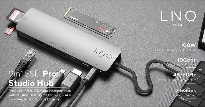 LINQ Connects 9in1 Pro Studio USB-C 10Gbit / s Multiport Hub mit Stromversorgung, 4K HDMI, NVME M2 S