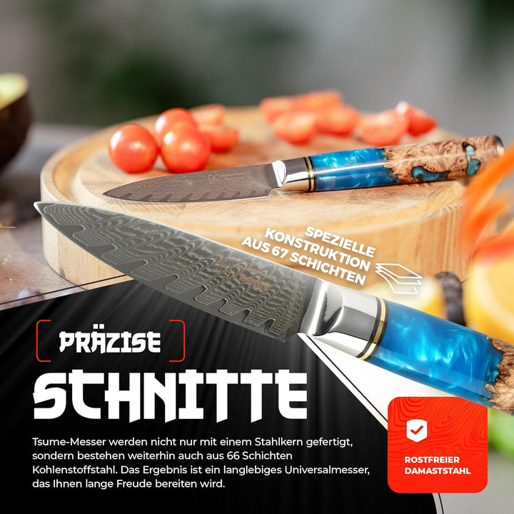 Tsume Schälmesser Saphir, Klingenlänge 9cm, Echtes Damast Küchenmesser, 67 Schichten VG10 Edelstahlk