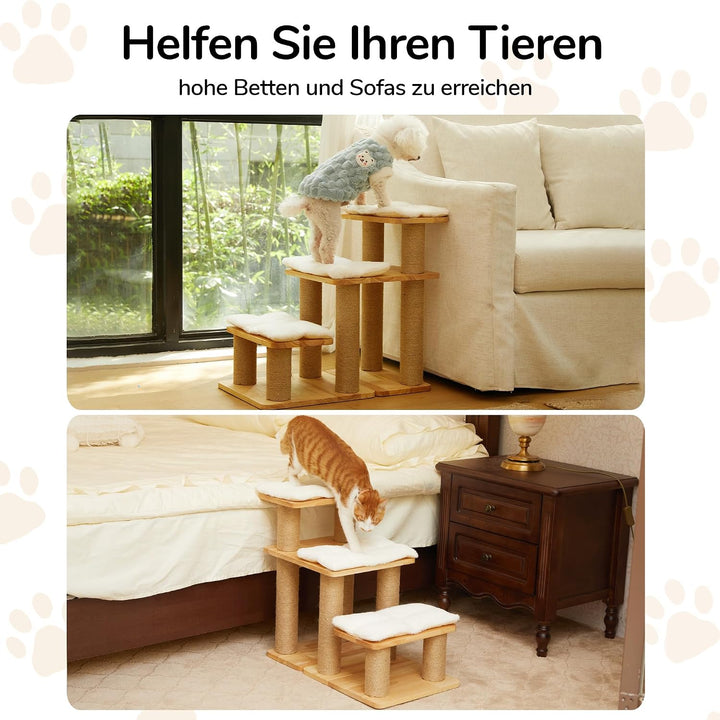 FUKUMARU Hundetreppe, 3 Stufen Haustiertreppe, Katzentreppe aus natürlichem Gummiholz und Jute，18-51