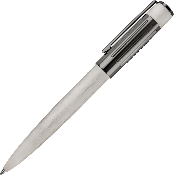 Hugo Boss Gear Ribs Kugelschreiber aus Messing und Aluminium in der Farbe Chrome, Länge: 13,8cm, Min