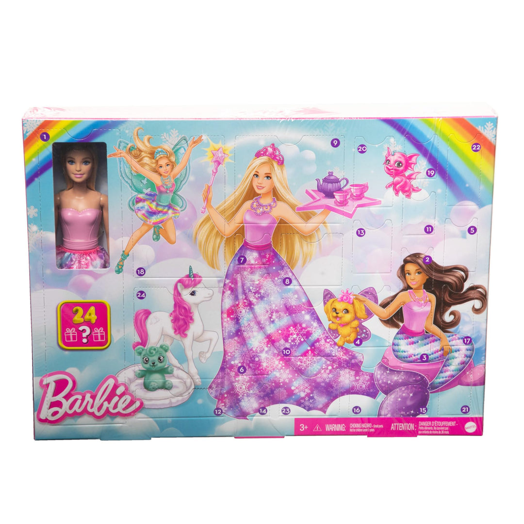 Barbie Dreamtopia Märchen-Adventskalender mit Puppe und 24 Überraschungen wie Haustieren, Moden und