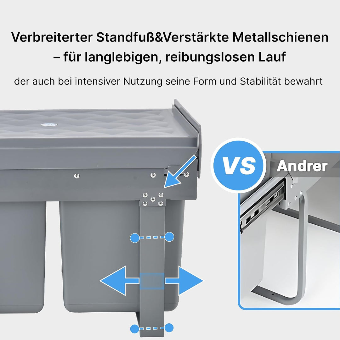 Einbaumülleimer ausziehbar Mülltrennsystem, Stahlrahmen, 20L+2x10L Grau 20L+2x10L, Grau 20L+2x10L