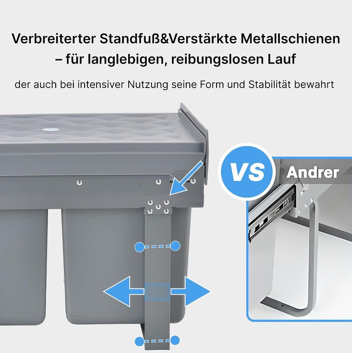Einbaumülleimer ausziehbar Mülltrennsystem, Stahlrahmen, 20L+2x10L Grau 20L+2x10L, Grau 20L+2x10L