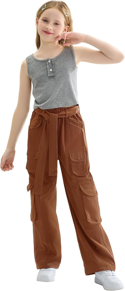 Rolanko Mädchen Baggy Cargo Hose, Elastisch Hohe Taille Gerade Weites Bein Streetwear Hose mit Mehre