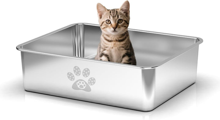 PTLOM Edelstahl Katzenklo, Katzentoilette aus Metall, Spritzwassergeschützt, Geruchsfrei und Antihaf