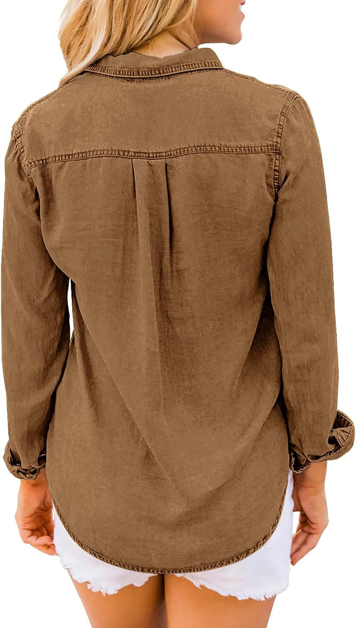 Roskiky Damen Jeanshemd - Damen Western Hemden Tunika Langarm Button Down Oberteile XS Mandelbraun,