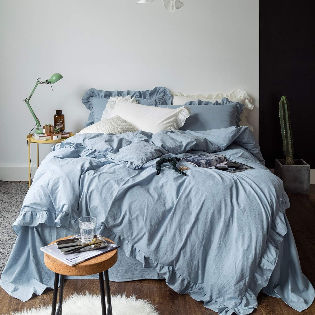 Lanqinglv Bettwäsche 200x220cm Gräuliches Blau mit Rüschen,aus 100% Weiche Microfaser Doppelbett - R