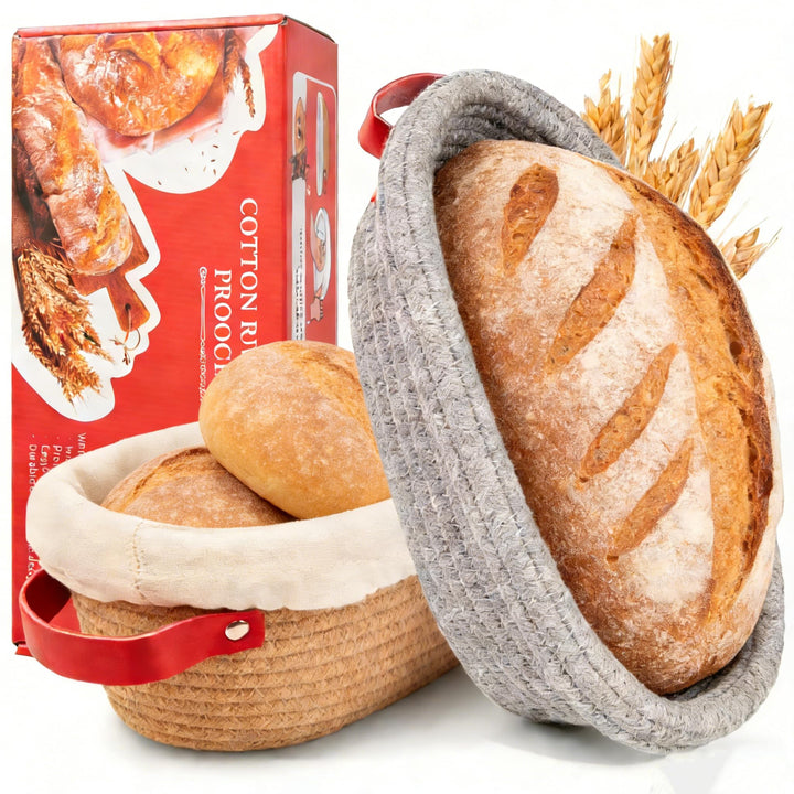 Gärkörbchen- Sauerteig Brot Gärkorb Set – 2 x 26 cm Oval mit Bezug & Deckel | Natursauerteig Gärkorb