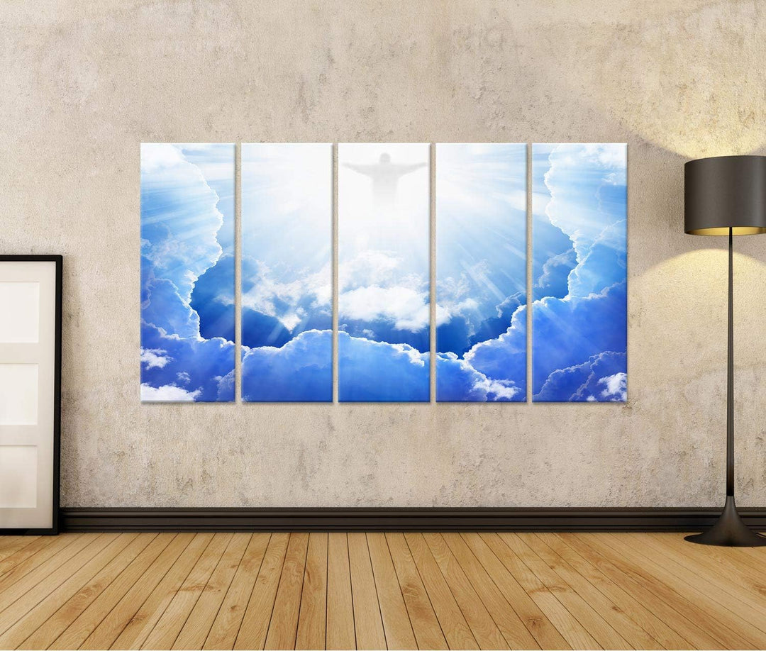 islandburner, Bild auf Leinwand Jesus Christus am blauen Himmel mit Wolken, helles Licht vom Himmel,