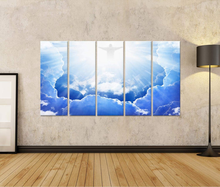 islandburner, Bild auf Leinwand Jesus Christus am blauen Himmel mit Wolken, helles Licht vom Himmel,