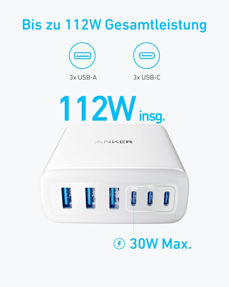 Anker USB-C Ladegerät, 6 Port Ladestation mit 112W Ausgang Leistung, Für iPhone 16/16 Plus/16 Pro/16