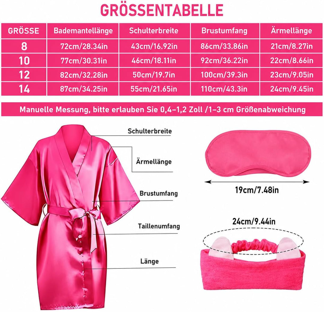 LYCN 10 Stück Spa Bademantel Mädchen, Satin Kimono Bademantel mit 10 Seiden-Augenmasken und 10 Haarb