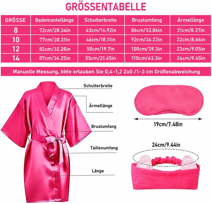 LYCN 10 Stück Spa Bademantel Mädchen, Satin Kimono Bademantel mit 10 Seiden-Augenmasken und 10 Haarb